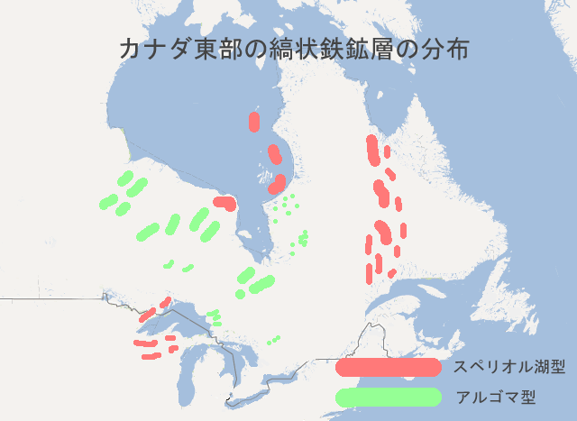 カナダ東部の縞状鉄鉱層の分布