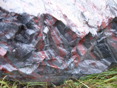 赤いジャスパーが鮮やかな雨に濡れた縞状鉄鉱
